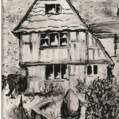 Tudor House engraving Tudor House engraving by Tricia Blakstad, 1994