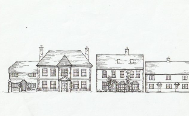 Sketch of Brooklyn  (centre), Glenthorne (left) and Clare and Francis cottages by Tricia Blakstad for village guide leaflet, 1982 | Tricia Blakstad