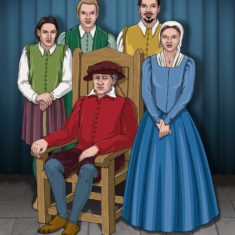 Tudor family Recreation bu Julian Baler of the family of Nicholas Wright (seated) L tp R. His eldest son, Nicholas, who was sickly and did not survive his father by long, the youngest son Robert, John, who inherited most of his father's estate, Nicholas senior, seated, and daughter Elizabeth.