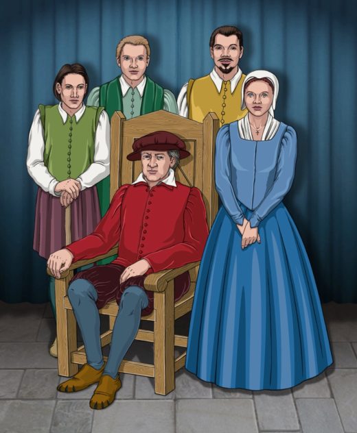 Recreation bu Julian Baler of the family of Nicholas Wright (seated) L tp R. His eldest son, Nicholas, who was sickly and did not survive his father by long, the youngest son Robert, John, who inherited most of his father's estate, Nicholas senior, seated, and  daughter Elizabeth.