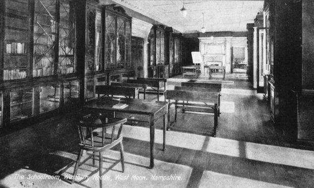 Le Roy-Lewis put Westbury House on the market in 1918, and in 1924 it became a boys; school, This shows a study facility in the magnificent library.