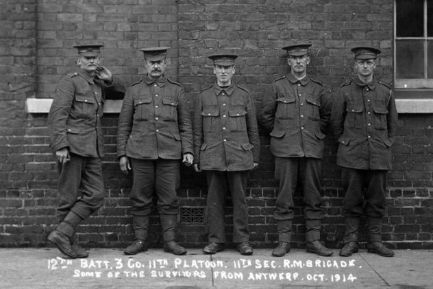 Owen Budd, fourth from the left, 1914, with 12th Battery, 11th platoon, 3 company, Second RMLI Brigade - survivors from Antwerp