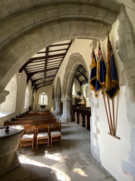 South nave & Early English arches.  Colours of HMS Mercury on wall. | Richard Gaisford