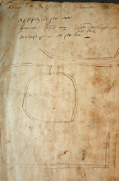 1567 surveyor's sketch map of mill in East Meon Hundred.The text reads: Myle pond, river, the lug, well. Assheford set all over, Forcombe John Cooper Robert Sharp, Aldersnape Myle pond, river, the lug, well. Assheford set all over, Forcombe John Cooper Robert Sharp, Aldersnape set over 