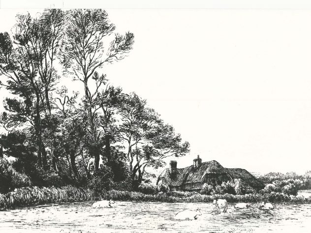 Engraving by Robert Brydon of Lower Farm, 1905