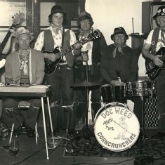 Doc Weed and the Corncrunchers. L - R Geoff Marshall, David Goddard, Robby Hamilton, Noel Stone, (Coalman, West Meon) John Mundy, Les Blackman