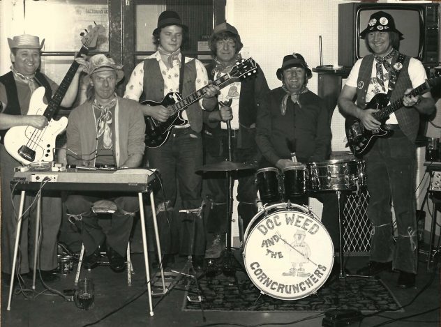 Doc Weed and the Corncrunchers. L - R Geoff Marshall, David Goddard, Robby Hamilton, Noel Stone, (Coalman, West Meon) John Mundy, Les Blackman
