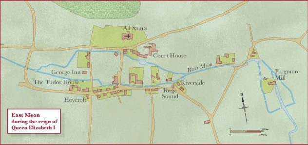 Copnjectural map of Elizabethan East Meon with modern house names