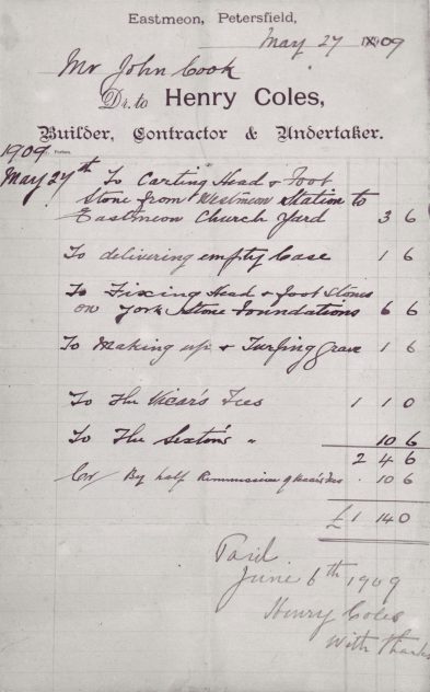 Henry Coles bill 1909, from the dairy at Glenthorne