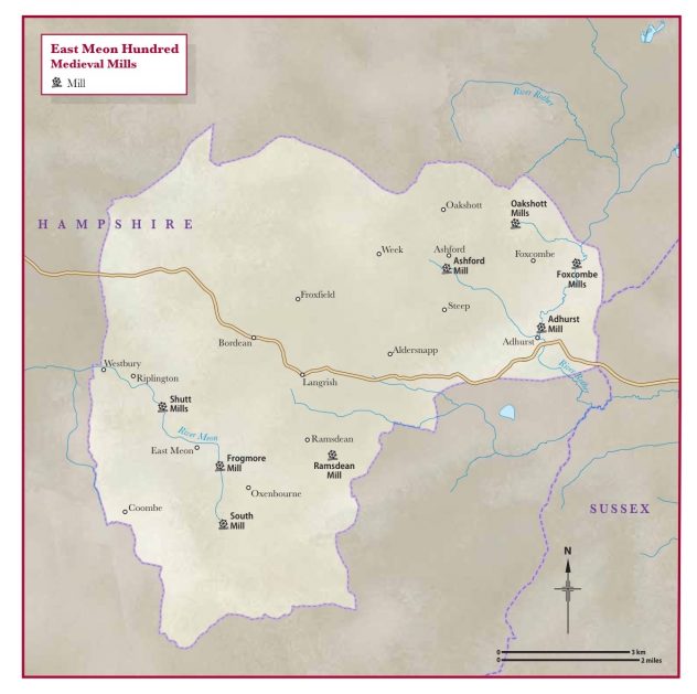 Map showing mills in East Meon Hundred