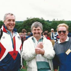 Scots rugby international Alastair McHarg with Roger Young and Keith Kitcher. Rory Bremner then lived in the village and invited members of the Scottish rugby team to Jon a guest tug-of-war team.(1994)