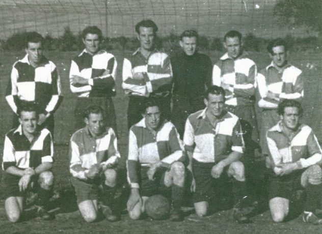 Soccer team, G.Newbury, J.Allan, G.Maw, L Andford, J.Brown, front row: F.Hartlay, R.Wattts